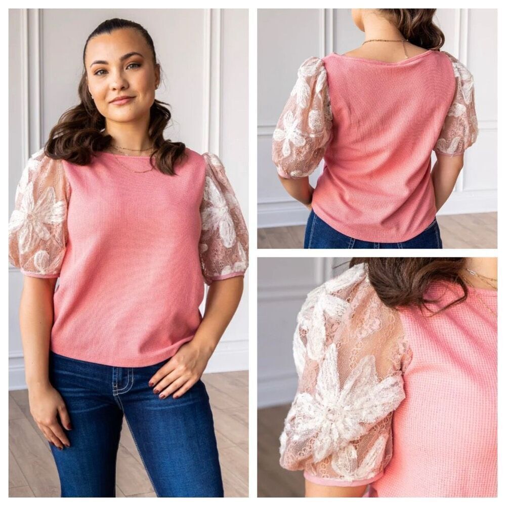 Grace + Emma MIDNIGHT BLOSSOM PINK SEQUINS FLORAL PUFF SLEEVE Top Size Medium
